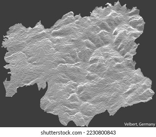 Topographic negative relief map of the city of VELBERT, GERMANY with white contour lines on dark gray background