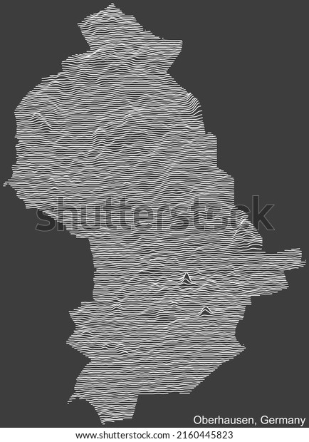 Topographic\
negative relief map of the city of OBERHAUSEN, GERMANY with white\
contour lines on dark gray\
background