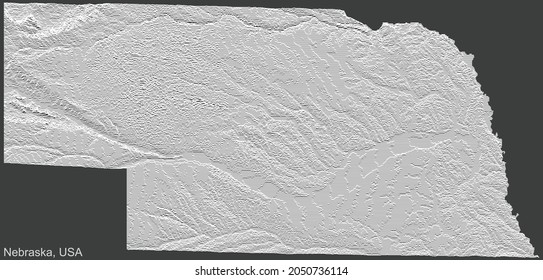 Topographic negative relief map of the Federal State of Nebraska, USA with white contour lines on dark gray background