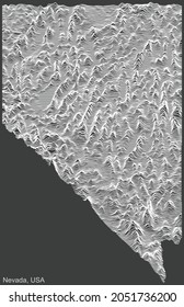 Topographic negative relief map of the Federal State of Nevada, USA with white contour lines on dark gray background