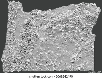 Topographic negative relief map of the Federal State of Oregon, USA with white contour lines on dark gray background