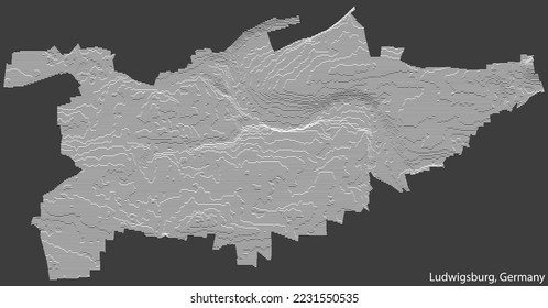 Mapa de relieve topográfico negativo de la ciudad de LUDWIGSBURG, ALEMANIA con líneas de contorno blanco sobre fondo gris oscuro