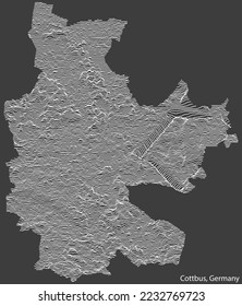Mapa topográfico negativo de alivio de la ciudad de COTTBUS, ALEMANIA con líneas de contorno blanco sobre fondo gris oscuro