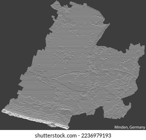 Topographic negative relief map of the town of MINDEN, GERMANY with white contour lines on dark gray background