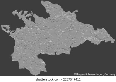 Mapa de relieve topográfico negativo de la ciudad de VILLINGEN-SCHWENNINGEN, ALEMANIA con líneas de contorno blanco sobre fondo gris oscuro