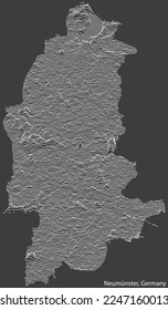Topographic negative relief map of the town of NEUMÜNSTER, GERMANY with white contour lines on dark gray background