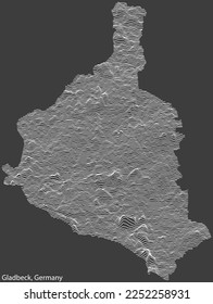 Topographic negative relief map of the town of GLADBECK, GERMANY with white contour lines on dark gray background