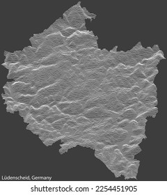 Topographic negative relief map of the town of LÜDENSCHEID, GERMANY with white contour lines on dark gray background