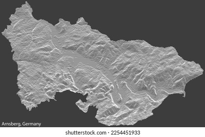 Topographic negative relief map of the town of ARNSBERG, GERMANY with white contour lines on dark gray background