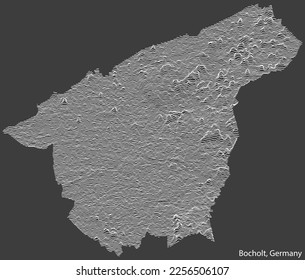 Topographic negative relief map of the town of BOCHOLT, GERMANY with white contour lines on dark gray background