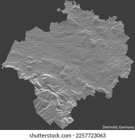Topografische negative Reliefkarte der Stadt DETMOLD, DEUTSCHLAND mit weißen Konturlinien auf dunkelgrauem Hintergrund