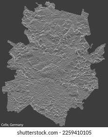 Topographic negative relief map of the town of CELLE, GERMANY with white contour lines on dark gray background