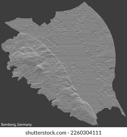 Topographic negative relief map of the town of BAMBERG, GERMANY with white contour lines on dark gray background