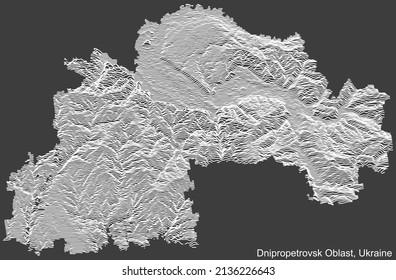 Topographic negative relief map of the Ukrainian administrative area  of DNIPROPETROVSK (SICHESLAV) OBLAST, UKRAINE with white contour lines on dark gray background