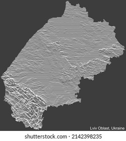 Topographic negative relief map of the Ukrainian administrative area  of LVIV OBLAST, UKRAINE with white contour lines on dark gray background