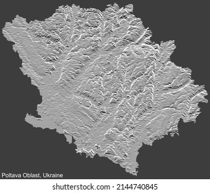 Topographic negative relief map of the Ukrainian administrative area  of POLTAVA OBLAST, UKRAINE with white contour lines on dark gray background