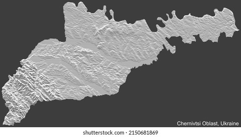 Topographic negative relief map of the Ukrainian administrative area  of CHERNIVTSI OBLAST, UKRAINE with white contour lines on dark gray background