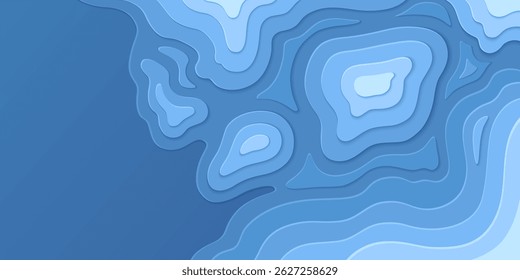 Corte de papel topográfico - ondas em camadas gradiente fundo azul. Mapa de relevo abstrato com terreno de elevação de linhas de contorno. Altura geográfica dados superfície paisagem paisagem paisagem natural esquema de terreno.
