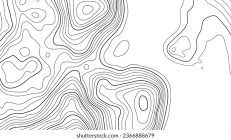 Textura de patrón topográfico. Contornos negros sobre la topografía vectorial blanca. Topografía geográfica de montaña. Mapa en el terreno de la propiedad. Líneas de altura del contorno gráfico de elevación. Ilustración vectorial.