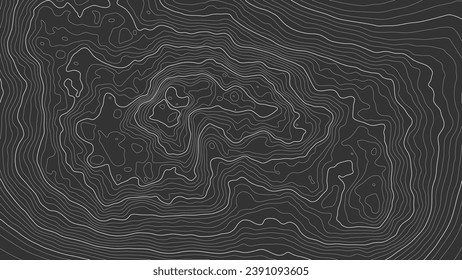 Textura de patrón topográfico. Contornos negros sobre la topografía vectorial blanca. Topografía geográfica de montaña. Mapa en el terreno de la propiedad. Líneas de altura del contorno gráfico de elevación. Ilustración vectorial.