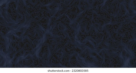 Topographic pattern texture. Blue contours on black vector topography. Geographic mountain topographic. Map on land strok terrain. Elevation graphic contour height lines. Vector Illustration.