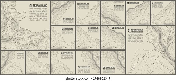 Topographische Muster Textur Vektor Set. Graue Konturen, Vektortopographie. Geografische Bergtopographie, Vektorgrafik. Karte auf Land, Vektorgelände. Höhenlinien für Höhenkonturen mit Höhenunterschieden in Höhenlagen.