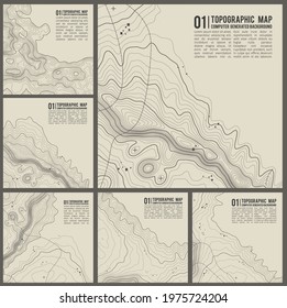 Topographic pattern texture vector Set. Grey contours vector topography. Geographic mountain topography vector illustration. Map on land vector terrain. Elevation graphic contour height lines.