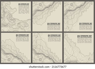 Topographic pattern texture vector Set. Grey contours vector topography. Geographic mountain topography vector illustration. Map on land vector terrain. Elevation graphic contour height lines.