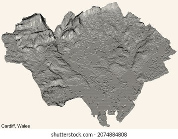 Mapa topográfico positivo de relieve beige de la ciudad de Cardiff, Reino Unido con líneas de contorno negro sobre fondo beige