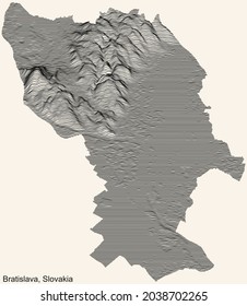 Topographic positive relief map of the city of Bratislava, Slovakia with black contour lines on beige background