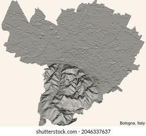 Topographic positive relief map of the city of Bologna, Italy with black contour lines on beige background