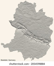 Topographic positive relief map of the city of Bielefeld, Germany with black contour lines on beige background