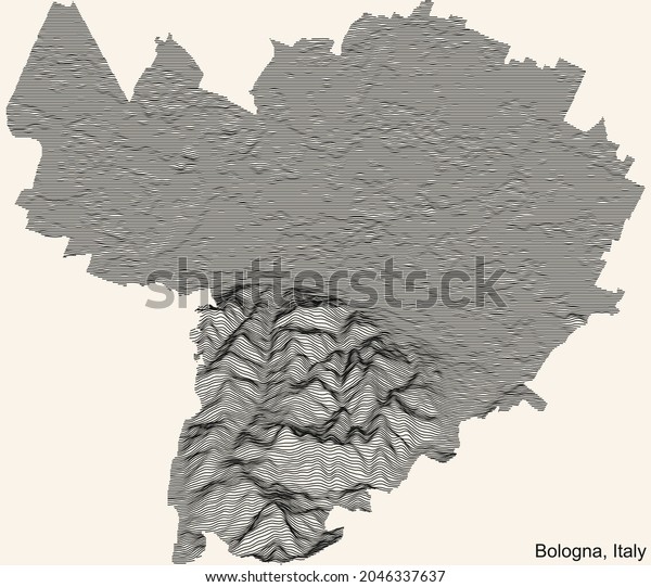 Topographic positive\
relief map of the city of Bologna, Italy with black contour lines\
on beige\
background