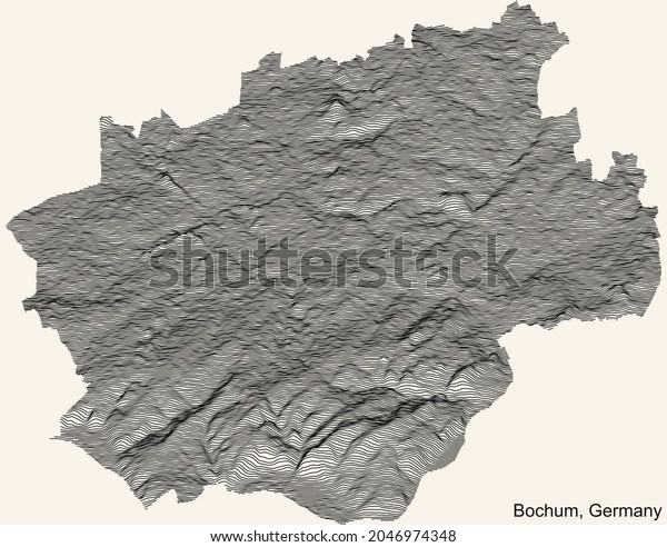 Topographic positive\
relief map of the city of Bochum, Germany with black contour lines\
on beige\
background