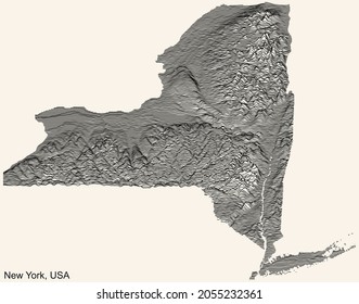 Topographic positive relief map of the Federal State of New York, USA with black contour lines on beige background