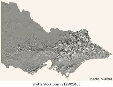 Topographic relief map of the Australian state of VICTORIA, AUSTRALIA with black contour lines on vintage beige background