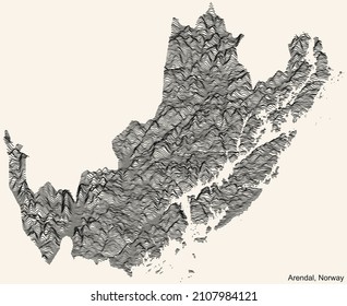 Topographic relief map of the city of ARENDAL, NORWAY with black contour lines on vintage beige background