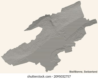 Topographic relief map of the city of Biel-Bienne, Switzerland with black contour lines on vintage beige background