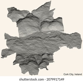 Mapa de relieve topográfico de la ciudad de Cork City, Irlanda con líneas de contorno negro sobre fondo beige vintage