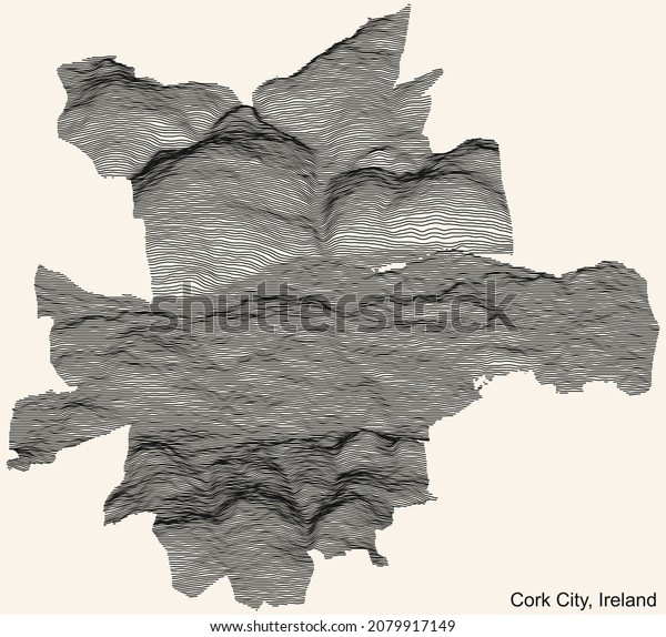 Topographic relief map\
of the city of Cork City, Ireland with black contour lines on\
vintage beige\
background
