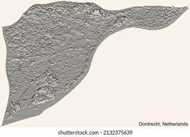 Topographic relief map of the city of DORDRECHT, NETHERLANDS with black contour lines on vintage beige background