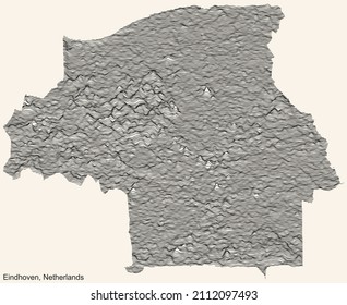 Topographic relief map of the city of EINDHOVEN, NETHERLANDS with black contour lines on vintage beige background
