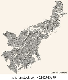 Topographic relief map of the city of LÜBECK, GERMANY with black contour lines on vintage beige background