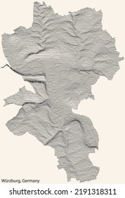Topographic relief map of the city of WÜRZBURG, GERMANY with black contour lines on vintage beige background