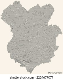 Topographic relief map of the city of DÜREN, GERMANY with black contour lines on vintage beige background