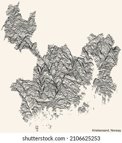 Topographic relief map of the city of KRISTIANSAND, NORWAY with black contour lines on vintage beige background