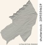 Topographic relief map of the city of La Chaux-de-Fonds, Switzerland with black contour lines on vintage beige background