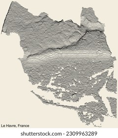Topographic relief map of the city of LE HAVRE, FRANCE with solid contour lines and name tag on vintage background