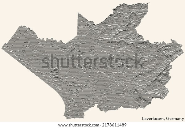 Topographic relief map\
of the city of LEVERKUSEN, GERMANY with black contour lines on\
vintage beige\
background