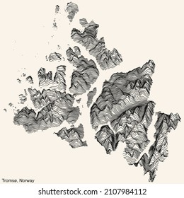 Topographic relief map of the city of TROMSØ, NORWAY with black contour lines on vintage beige background